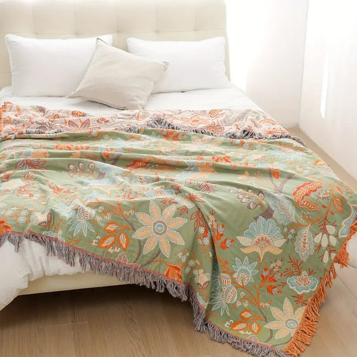 Boho Floral Cotton Throw with Fringe in Cream and Orange