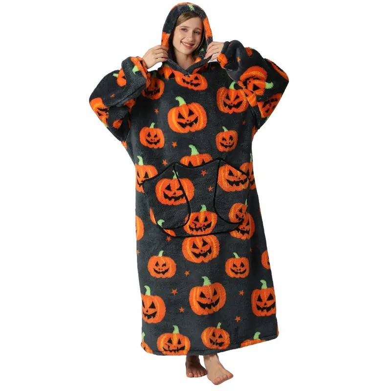 Long Sherpa Blanket Hoodie with Fun Prints and Big Pocket
