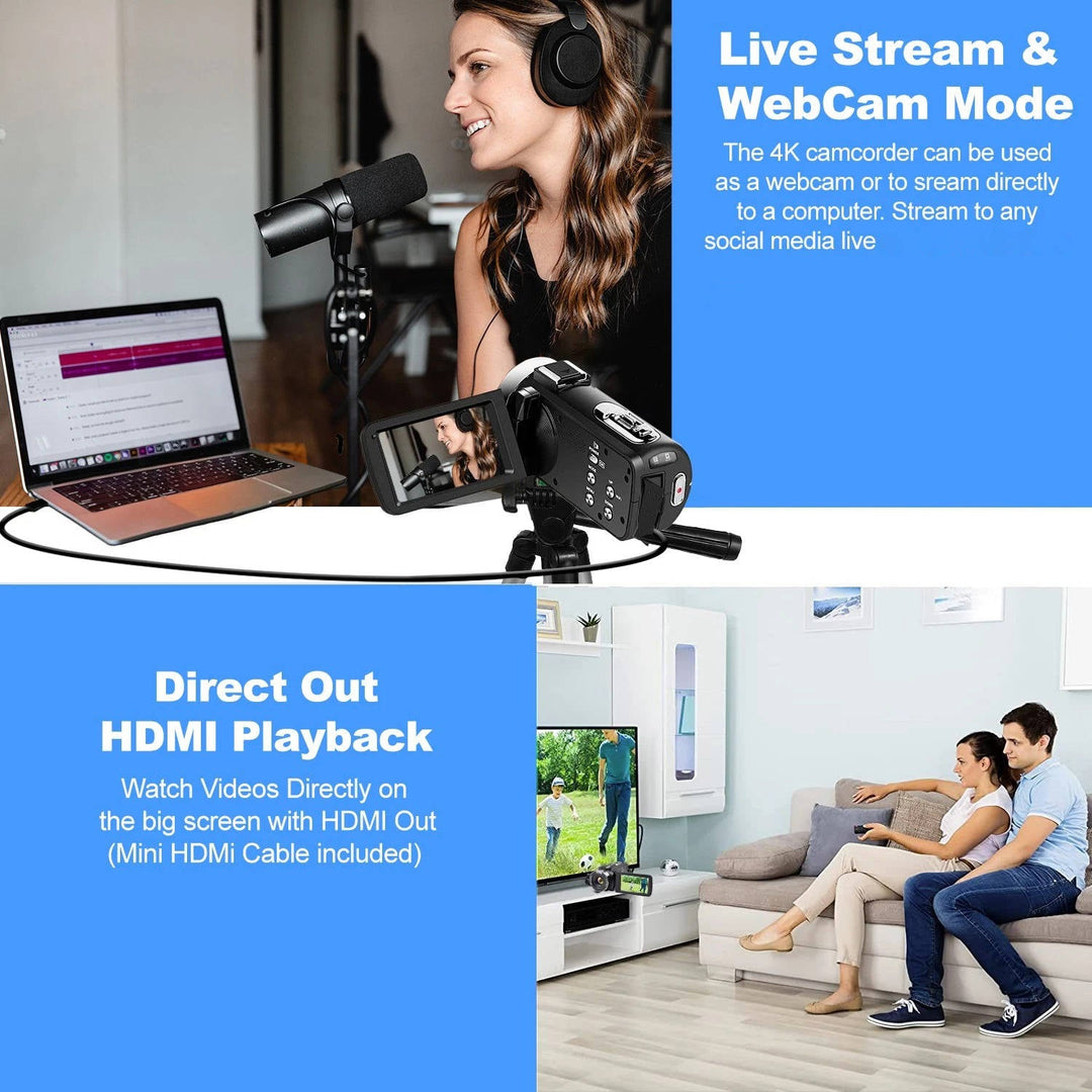 Harwelton™ 4K Vlogging Camcorder with 48MP Photos, Flip Screen and Wi-Fi