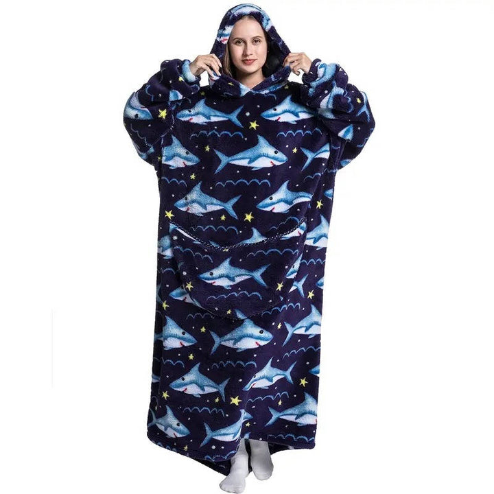 Long Sherpa Blanket Hoodie with Fun Prints and Big Pocket
