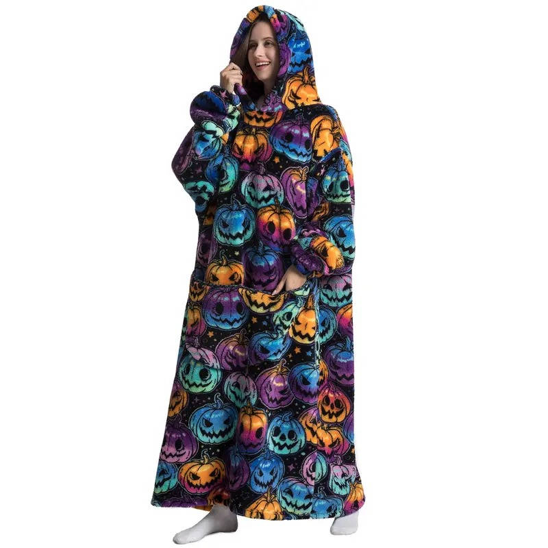 Long Sherpa Blanket Hoodie with Fun Prints and Big Pocket