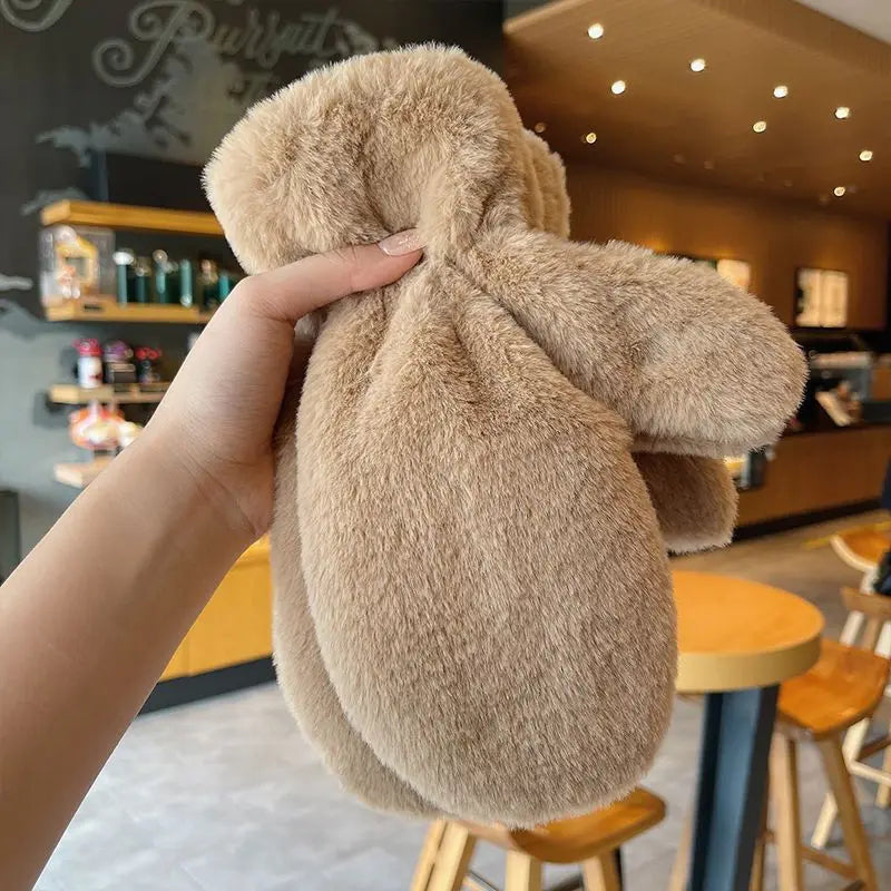 Thick Plush Winter Mittens with Stretchy Fluffy Cuffs