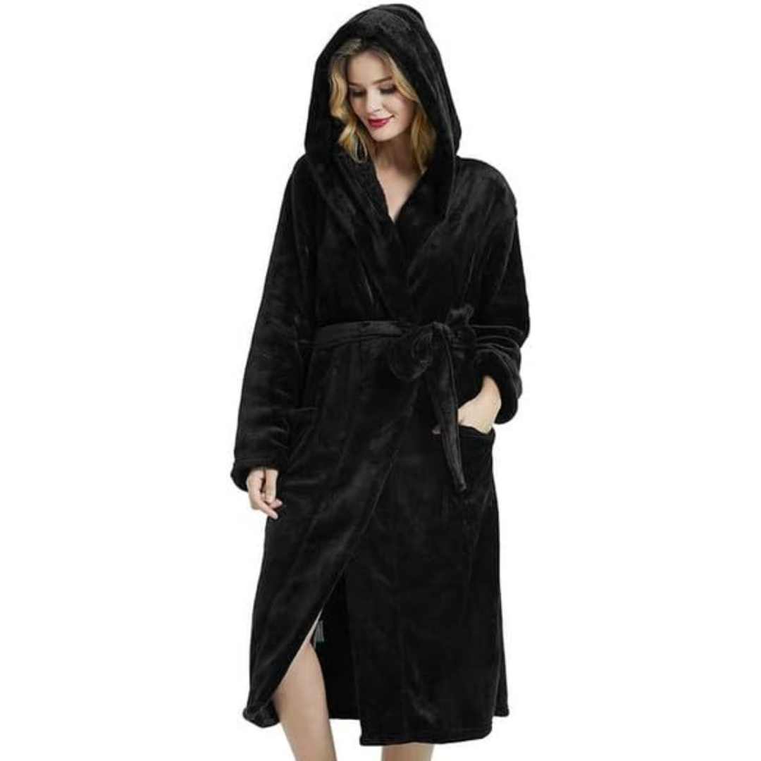 Hooded Fleece Bathrobe with Tie Belt and Side Pockets, Full Length