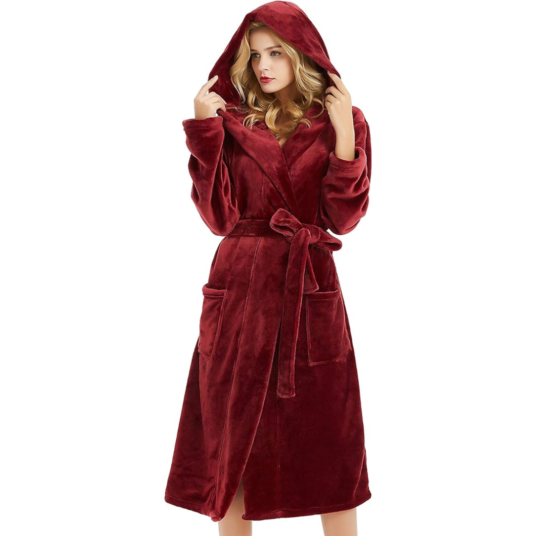 Hooded Fleece Bathrobe with Tie Belt and Side Pockets, Full Length