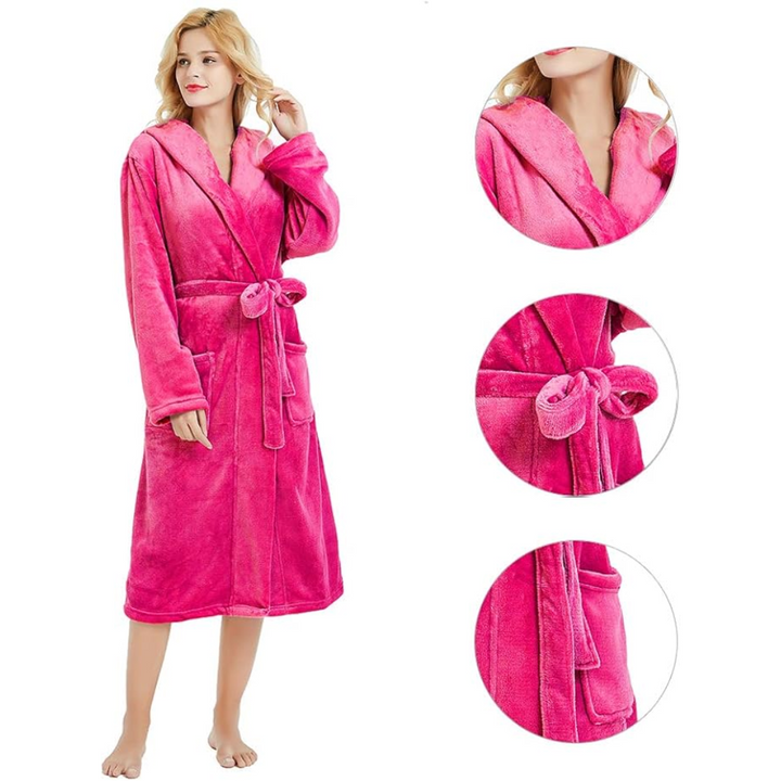 Hooded Fleece Bathrobe with Tie Belt and Side Pockets, Full Length