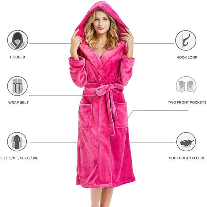 Hooded Fleece Bathrobe with Tie Belt and Side Pockets, Full Length