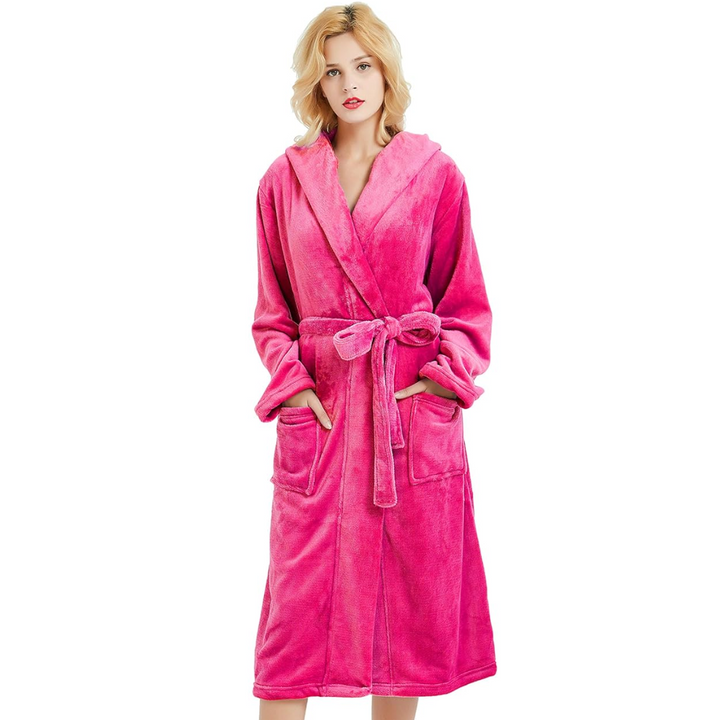 Hooded Fleece Bathrobe with Tie Belt and Side Pockets, Full Length