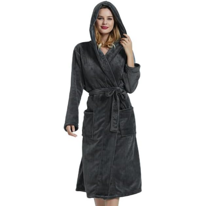 Hooded Fleece Bathrobe with Tie Belt and Side Pockets, Full Length