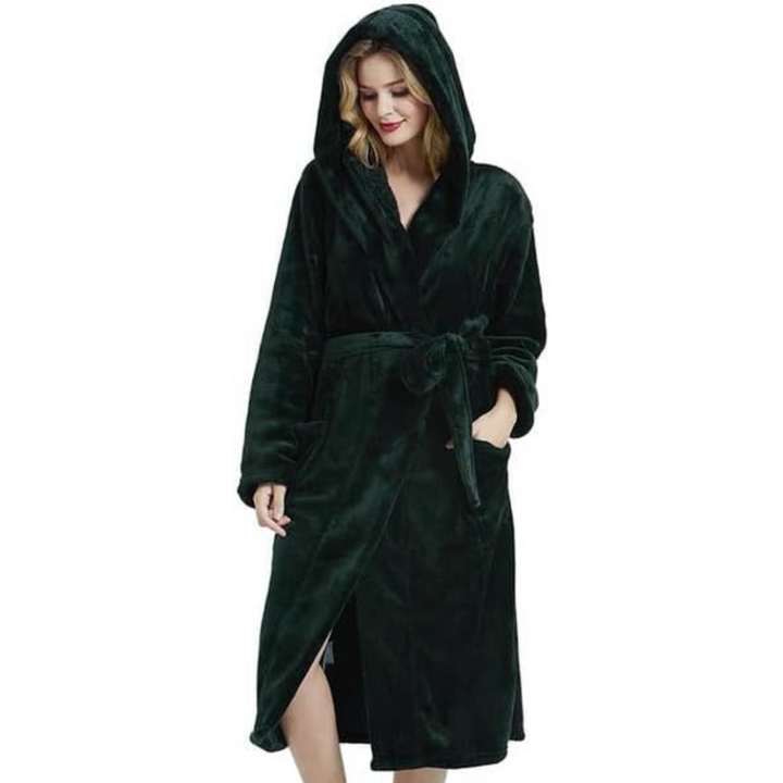 Hooded Fleece Bathrobe with Tie Belt and Side Pockets, Full Length