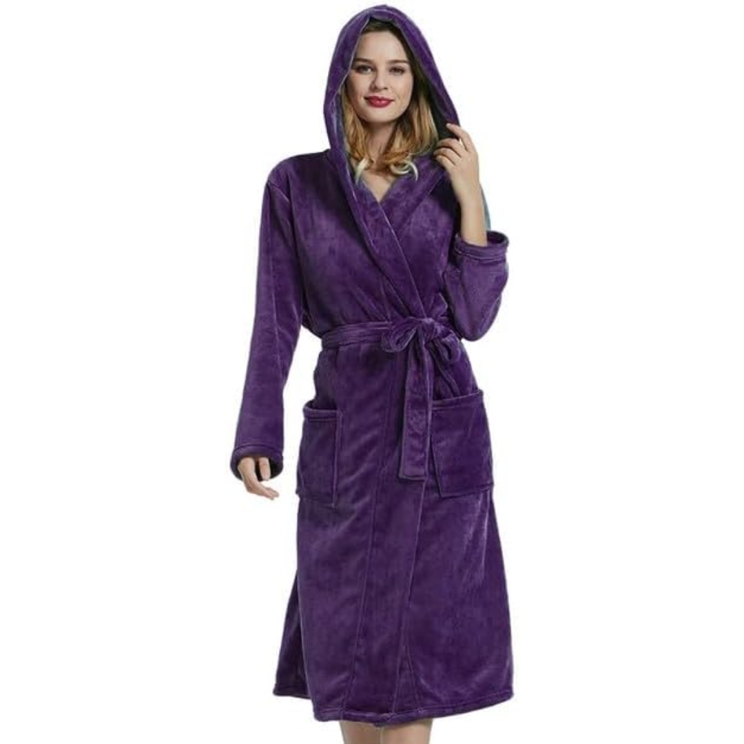 Hooded Fleece Bathrobe with Tie Belt and Side Pockets, Full Length
