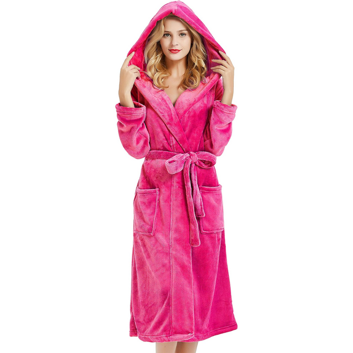 Hooded Fleece Bathrobe with Tie Belt and Side Pockets, Full Length