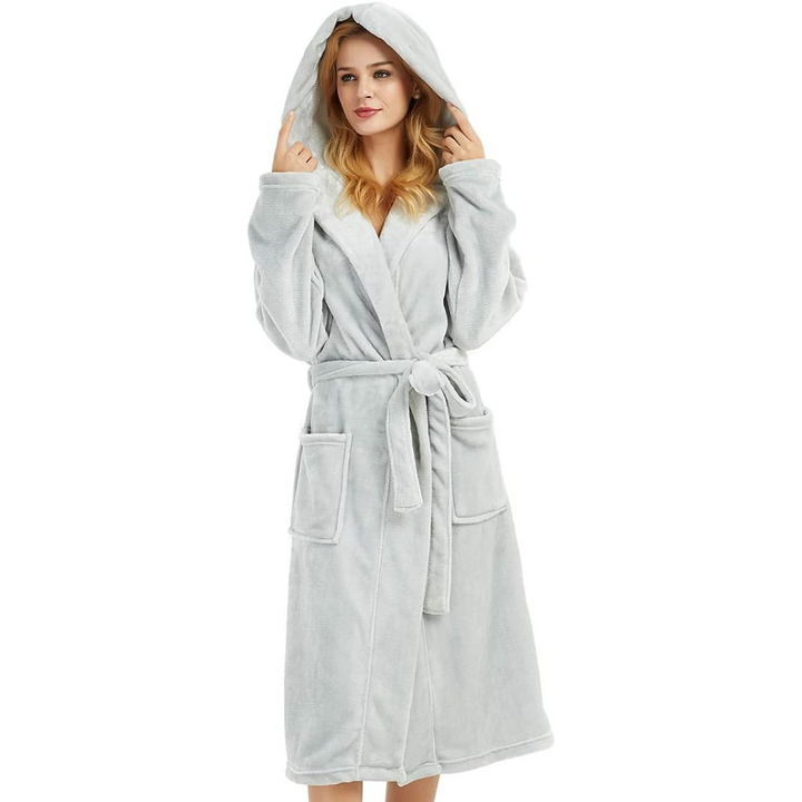 Hooded Fleece Bathrobe with Tie Belt and Side Pockets, Full Length