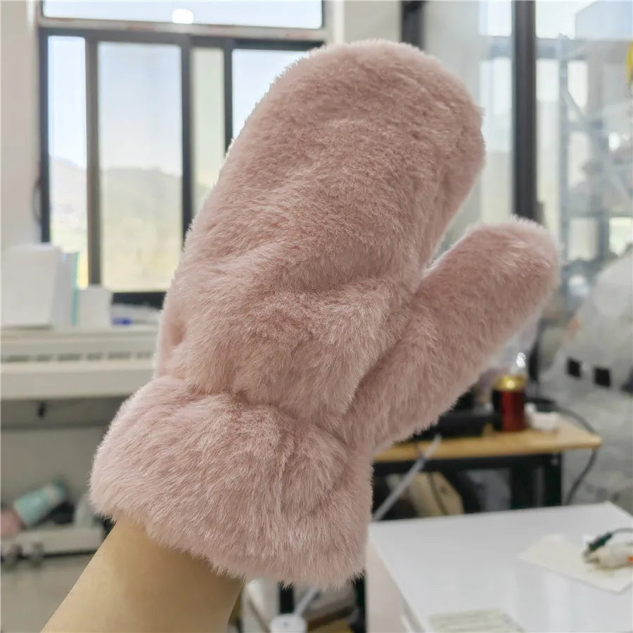Thick Plush Winter Mittens with Stretchy Fluffy Cuffs