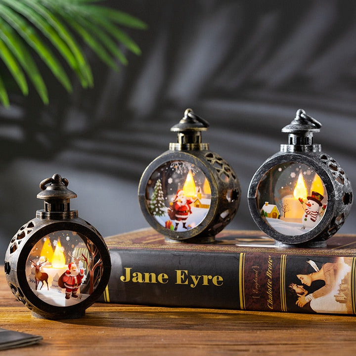 Glass LED Christmas Lantern with Snowman or Santa