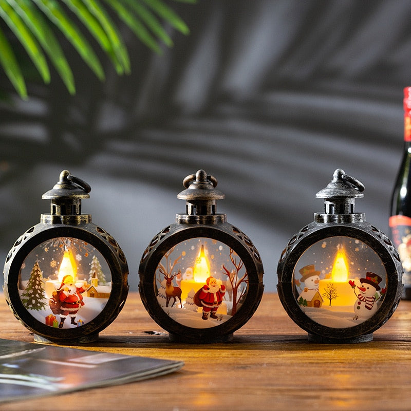 Glass LED Christmas Lantern with Snowman or Santa