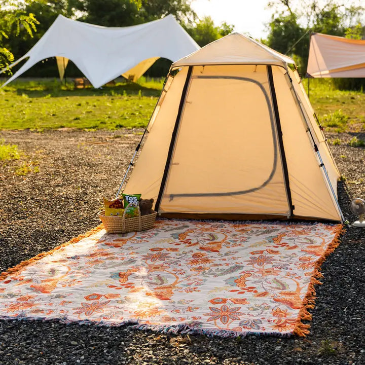 Boho Floral Cotton Throw with Fringe in Cream and Orange