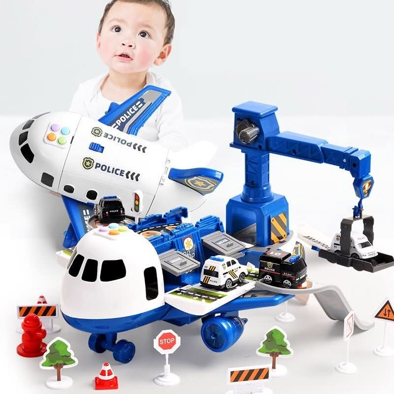 Fold-Out Toy Aeroplane Playset with Working Crane and Mini Cars