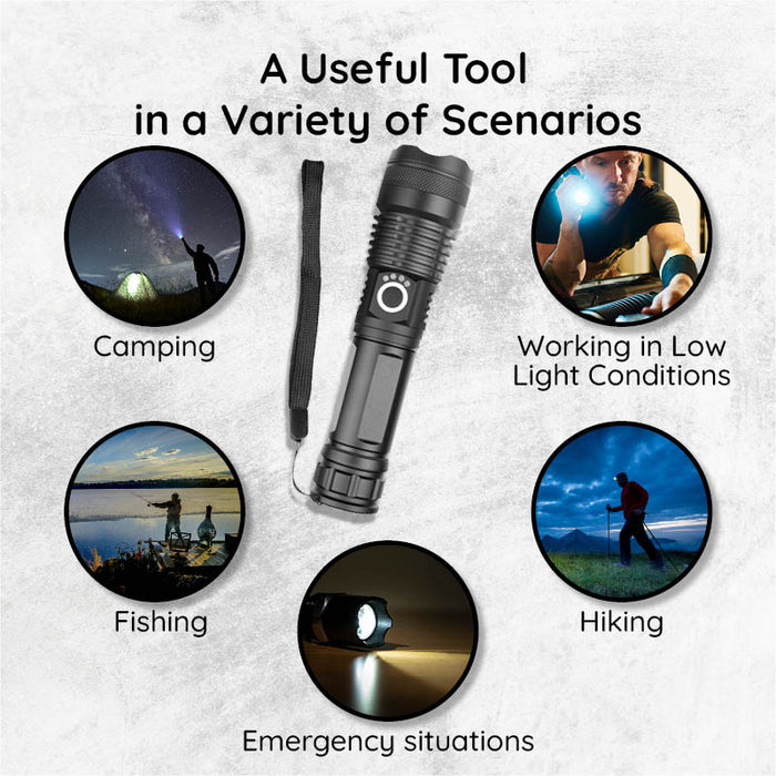 Rechargeable LED Torch with Zoom, Waterproof Aluminium Body